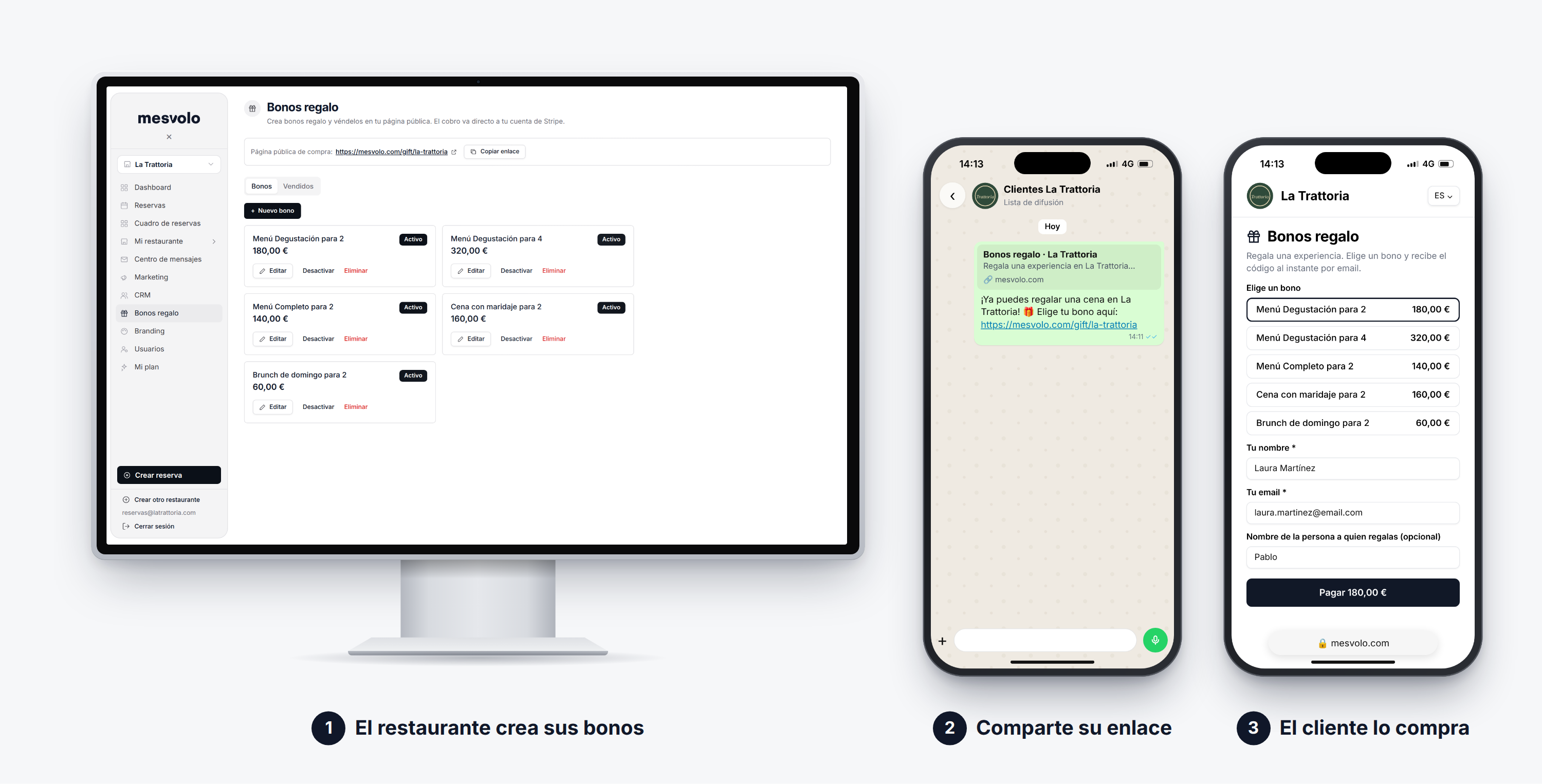 Bonos regalo para restaurantes en Mesvolo: el restaurante crea sus bonos, comparte su enlace por WhatsApp y el cliente los compra desde el móvil