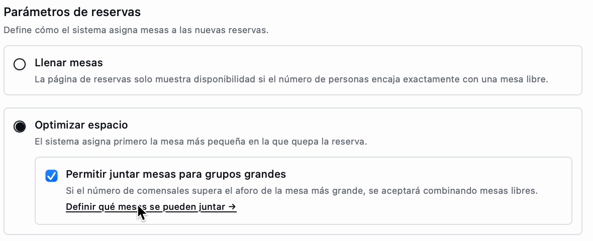 Ajustes de reservas en Mesvolo con la opción Permitir juntar mesas para grupos grandes activada