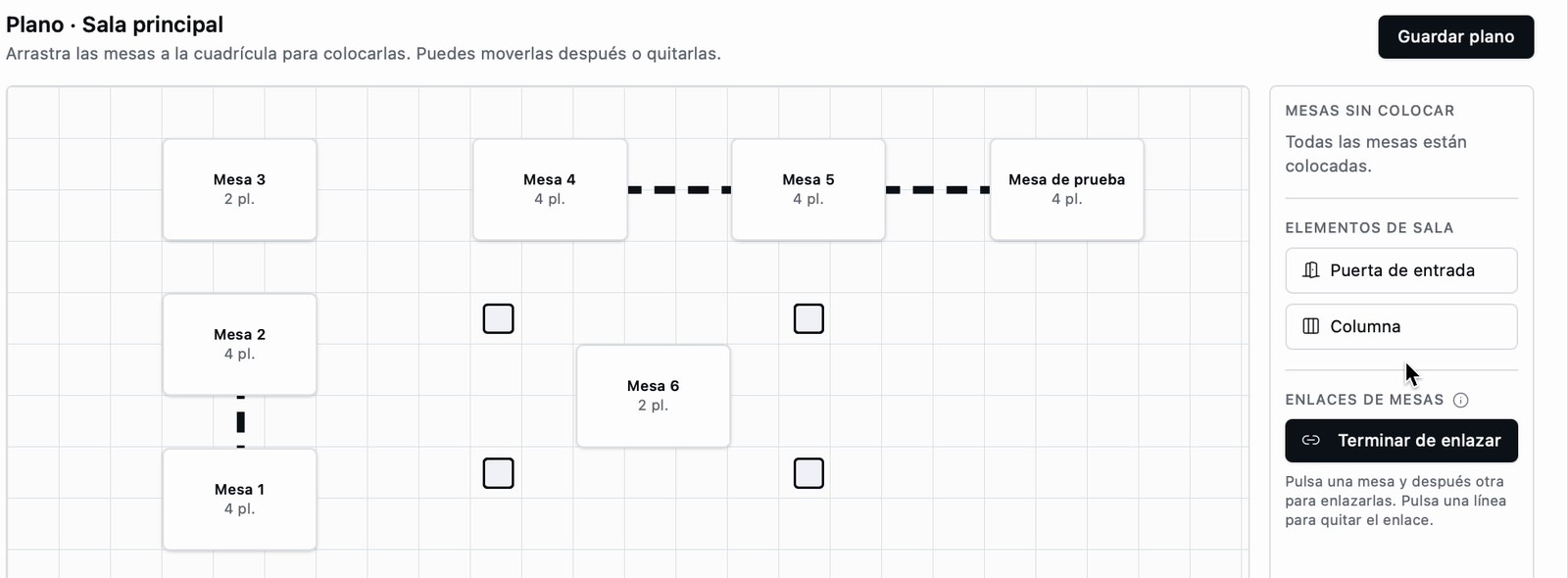 Plano de sala en Mesvolo con tres mesas unidas por enlaces